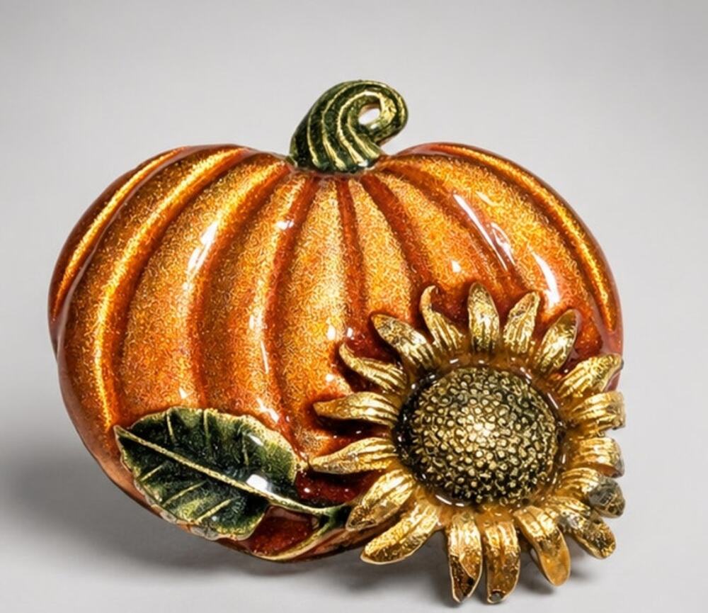 Tara Harvest Pumpkin Brooch Pin Sunflower Orange Enamel Gold-tone 2.25" gf221
